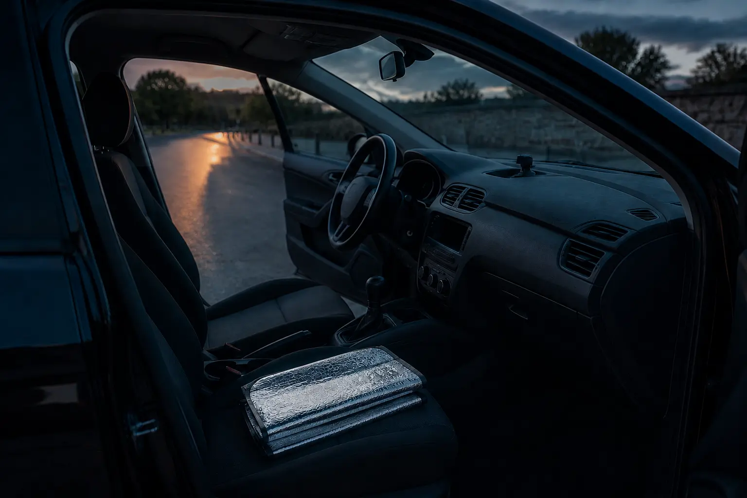 An unbranded car cabin in cool blue-hour shade with a folded plain silver sun screen resting on the passenger seat