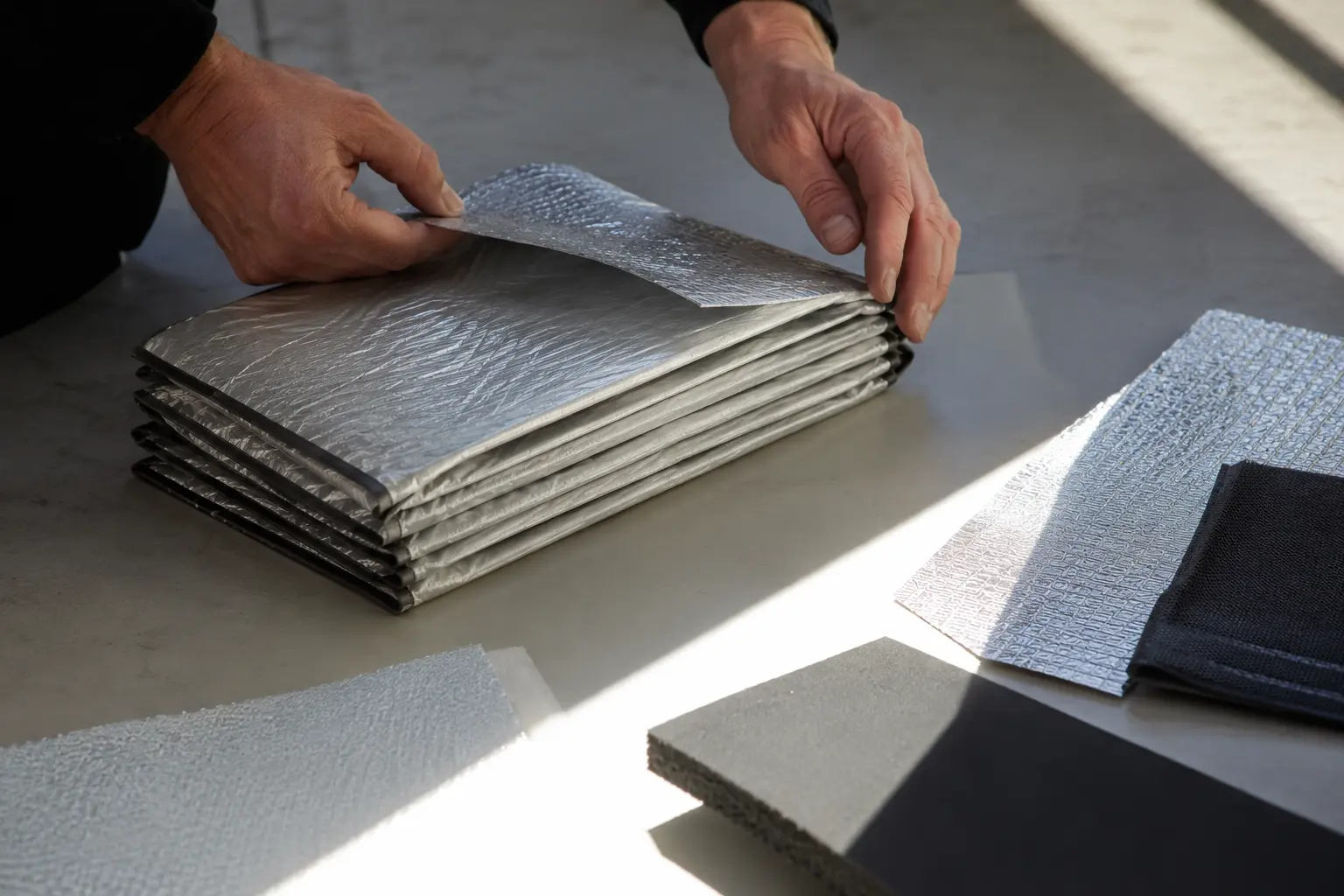 Adult hands folding a plain silver accordion sun screen beside unlabelled reflective and dark material swatches on a workshop table